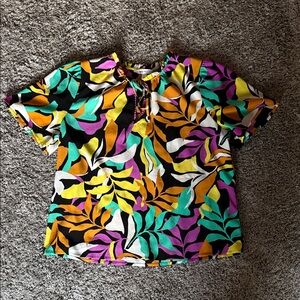 Nine West Black Multicolor Leaf-Print Short Sleeve Blouse